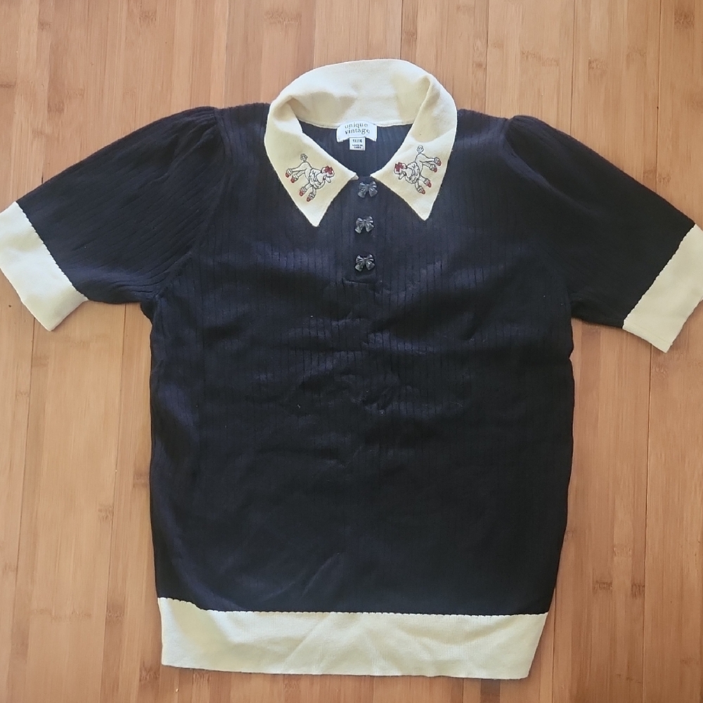 Unique Vintage Black and Cream Button Down Shirt